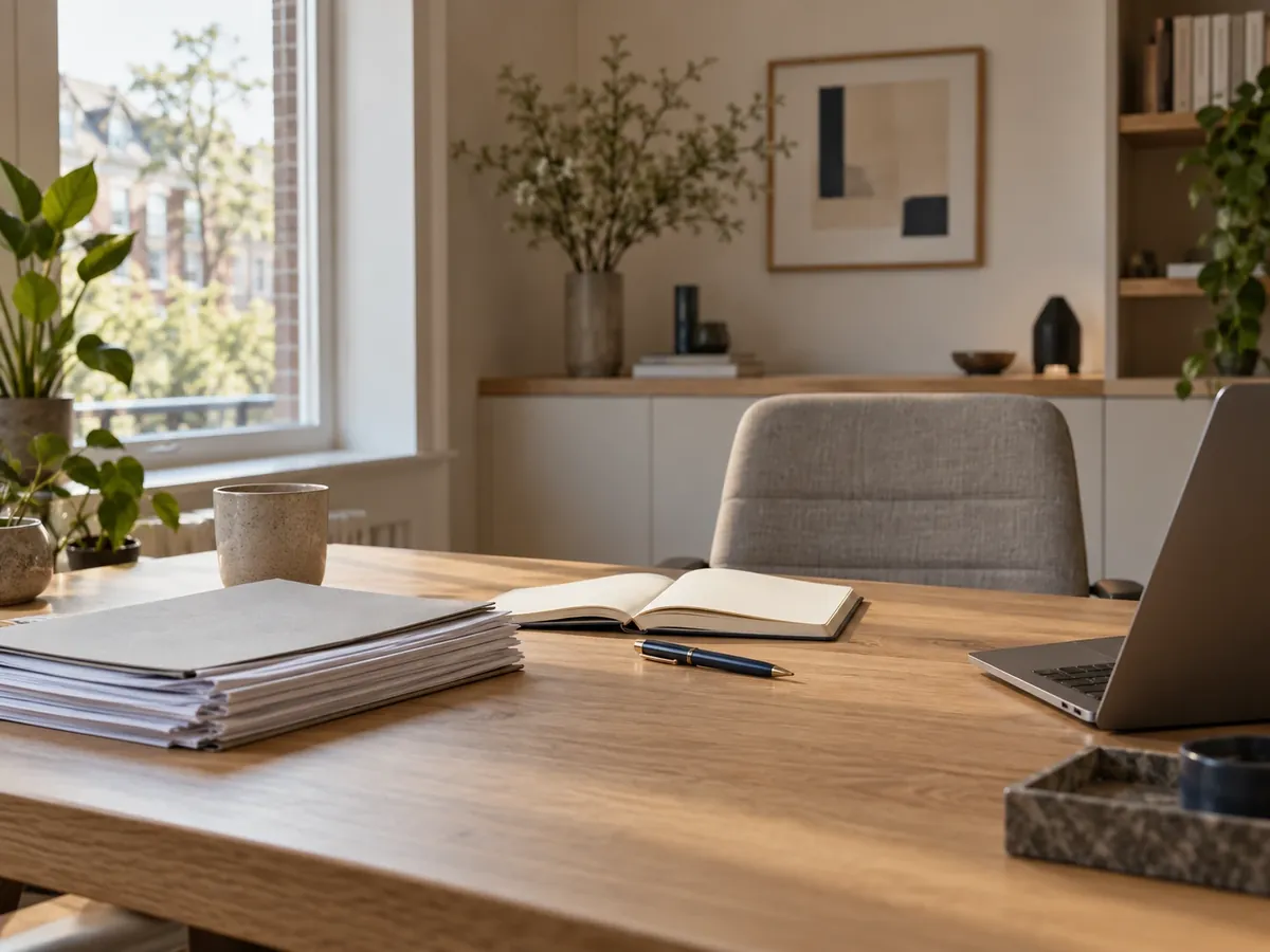 Werktafel met dossiers, notitieboek en laptop in een lichte werkruimte